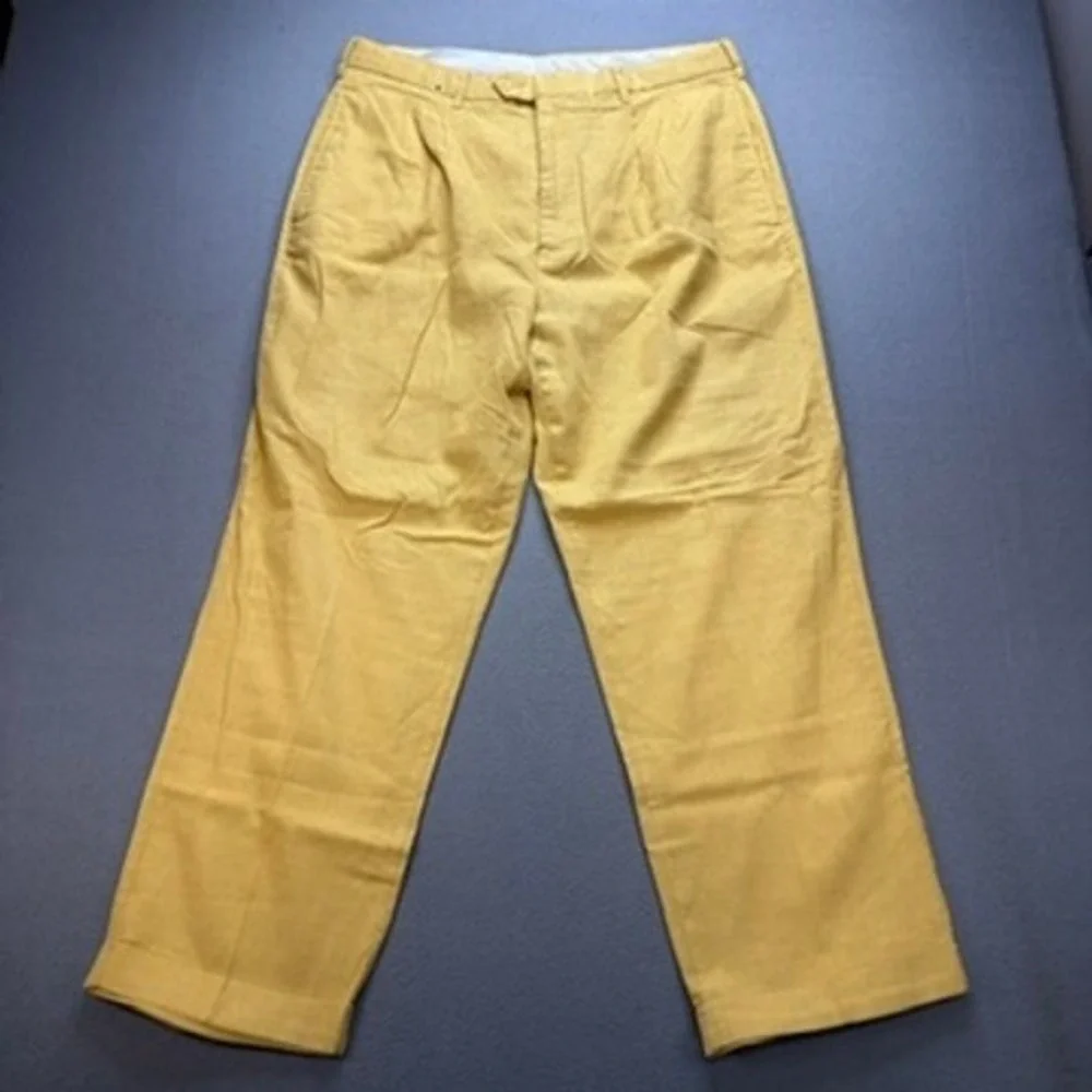 Trust Linen Blend Pleated Dress Pants Relaxed 36x30 (FIT 35x28) Yellow Trousers